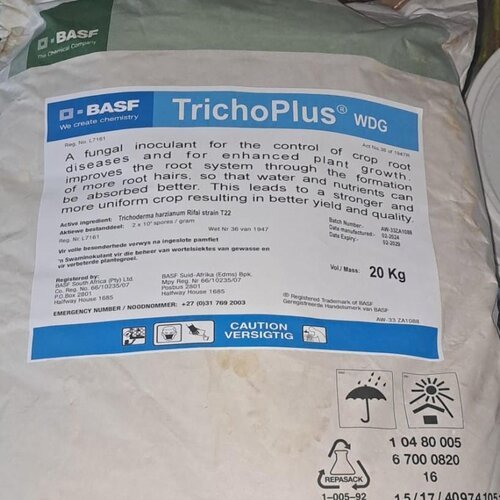 TrichoPlus 500GM (a part of 20kg pack) A fungal inoculant for the control of crop root diseases and for enhanced plant growth. Active ingredient: Trichoderma asperelloides (strain JM41R) Aktiewe bestanddeel: 2 x 109  spores / gram BASF