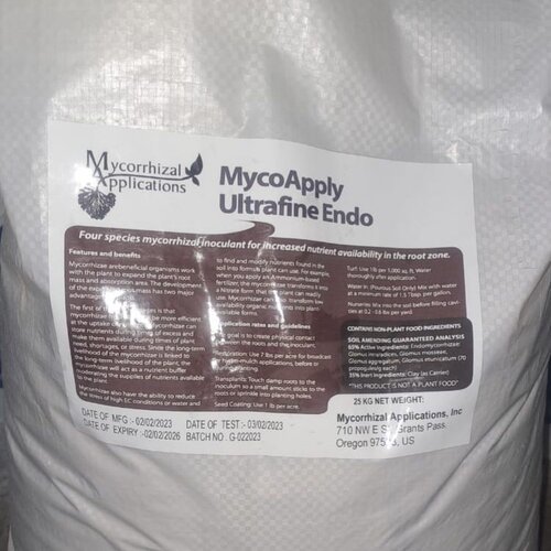 MycoApply Ultrafine Endo 500GM (part of 25kg bag) is a suspendable powder mycorrhizal inoculum consisting of 4 species of endomycorrhizal fungi Mychorrhizal Applications